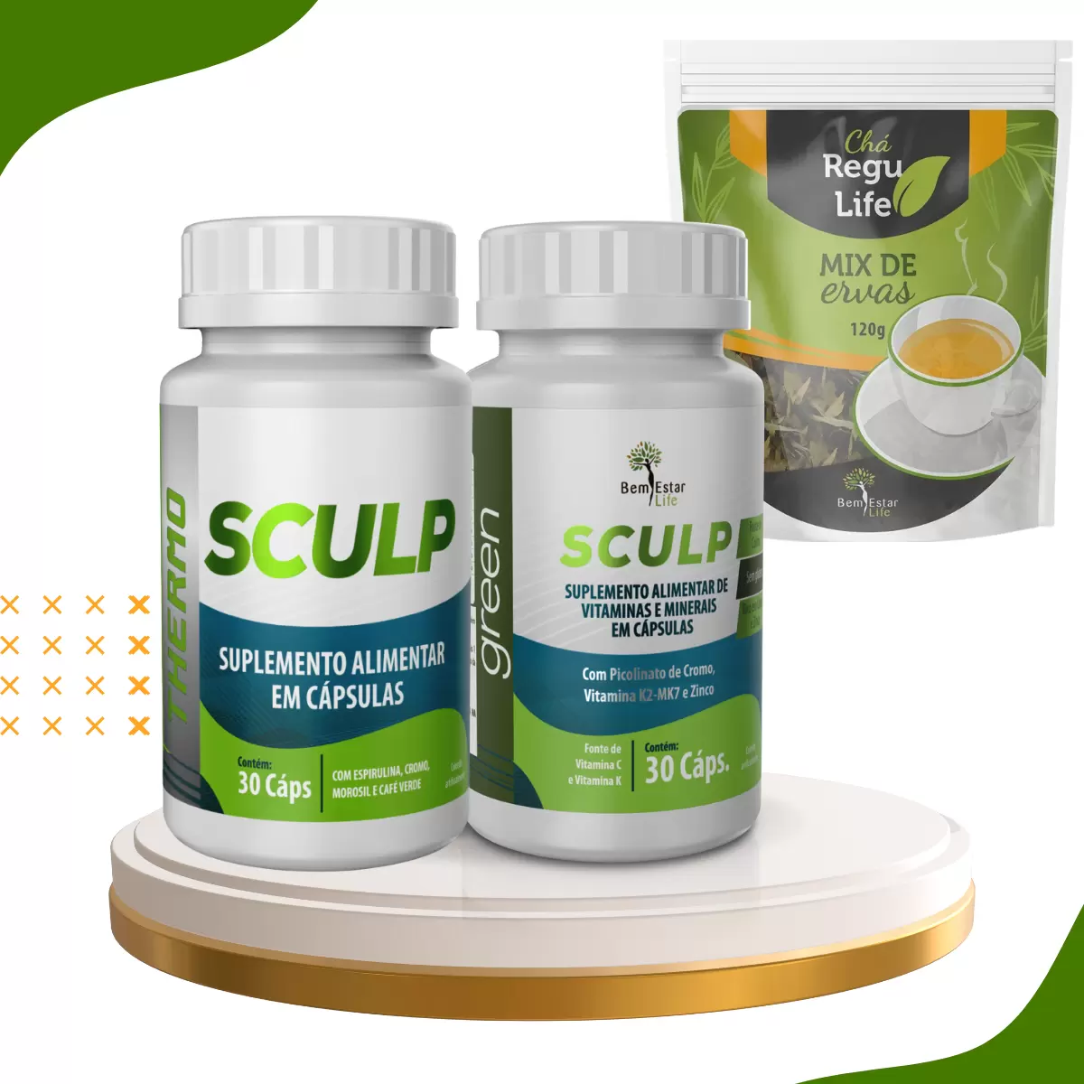 INIBIDOR DE APETITE KIT 1 SCULP THERMO + 1 CHA REGU LIFE + SCULP GREEN DETOX  (kit para 30 dias) 