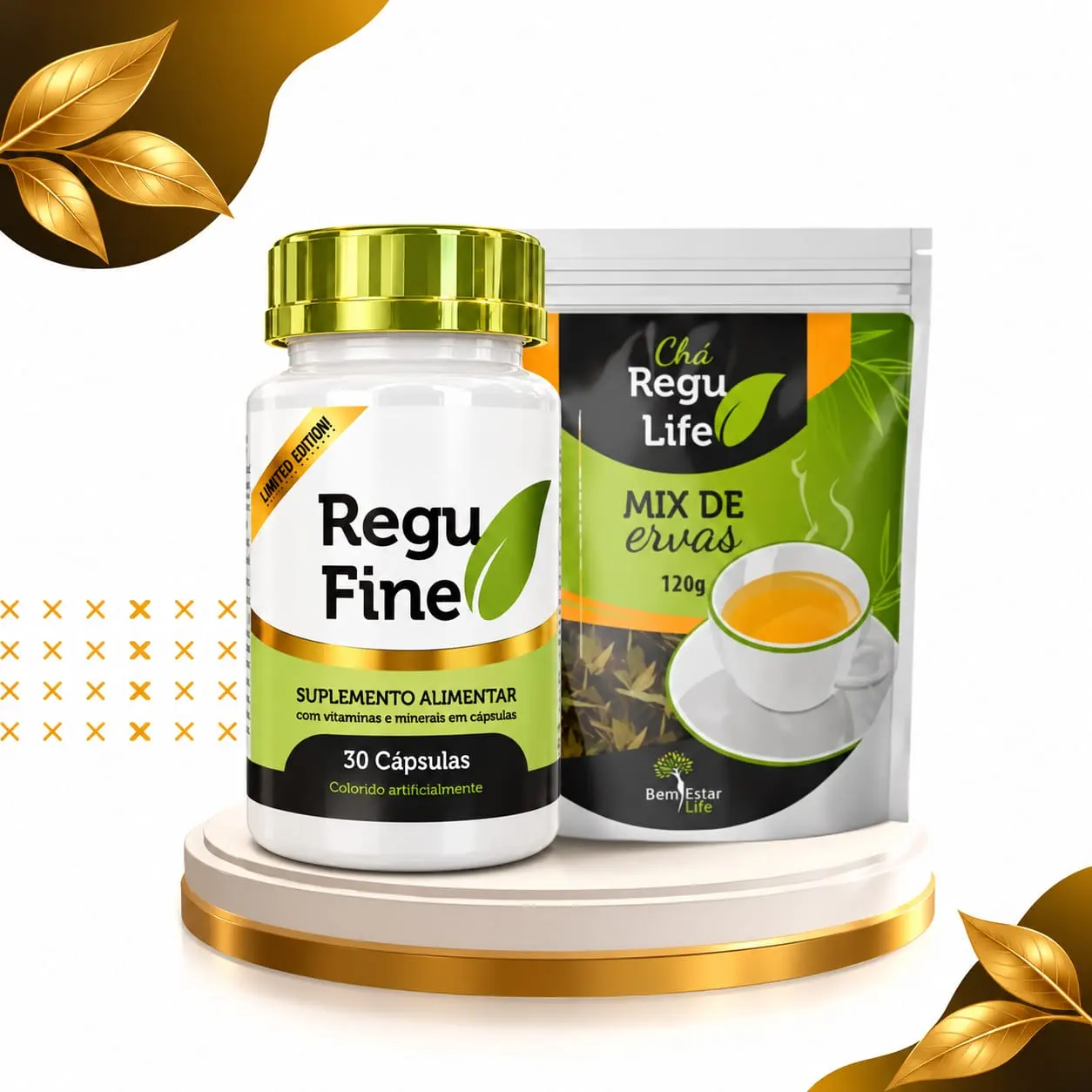 KIT INIBIDOR DE APETITE - 01 REGU FINE GOLD + 1 CHA REGU LIFE 120G