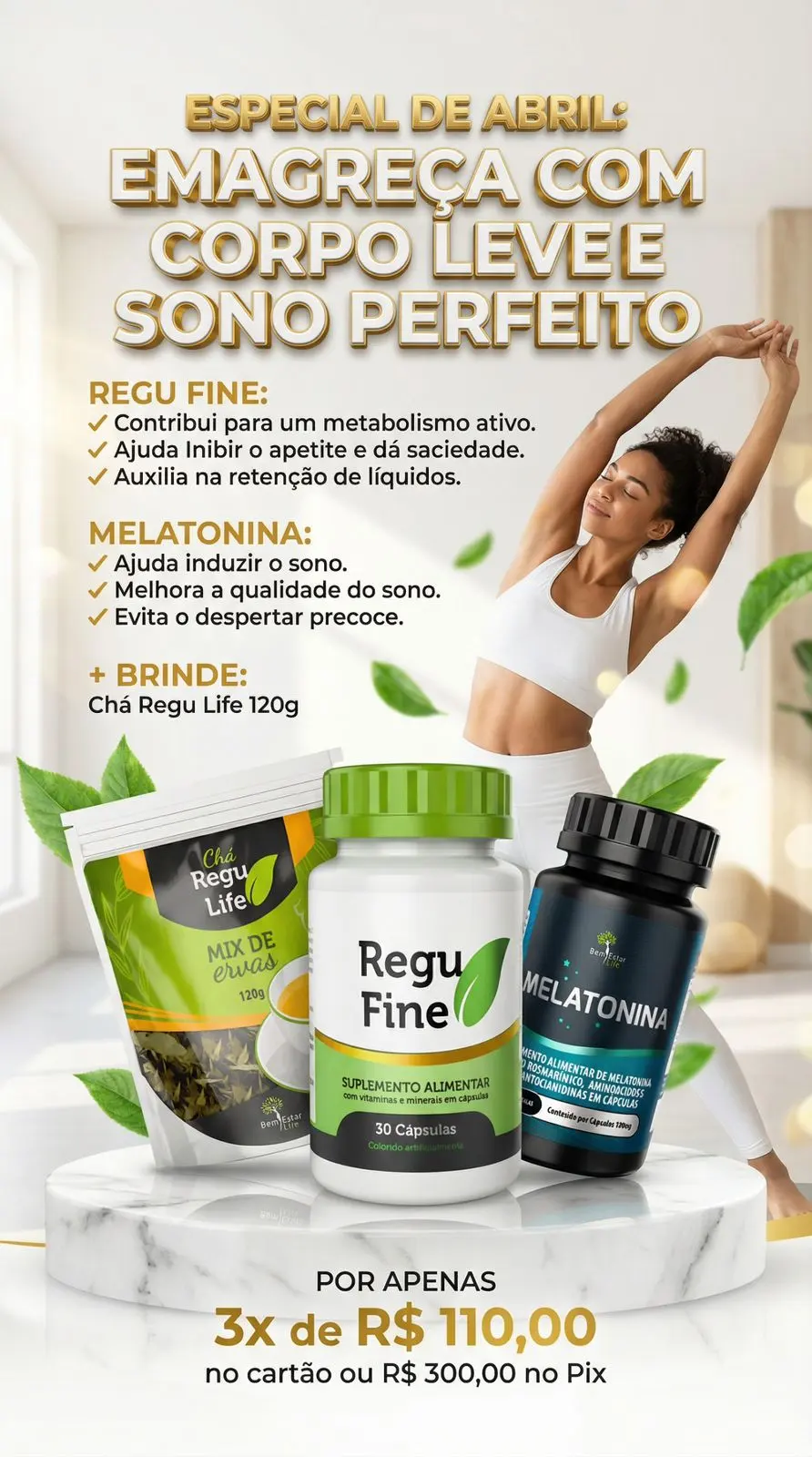 REGU FINE INIBIDOR + MELATONINA 60CAPS BRINDE CHÁ REGU LIFE 120G