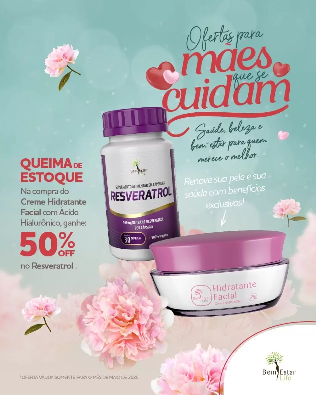 NA COMPRA DE CREME FACIAL COM ACIDO HIALURONICO 60 GR. - GANHA 50% DESCONTO DO RESVERATROL 30 CAPSULAS
