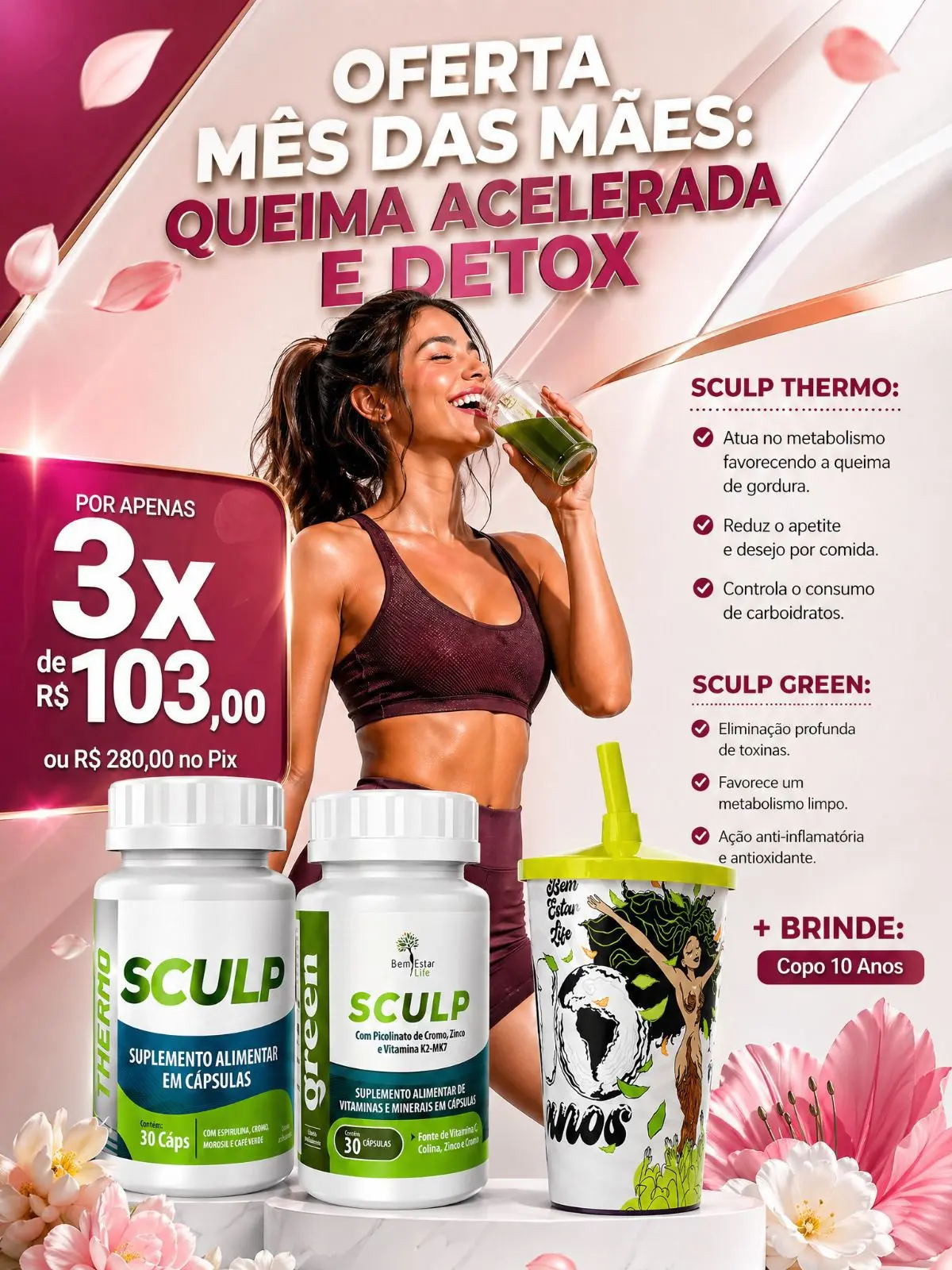 INIBIDOR DE APETITE KIT 1 SCULP THERMO + SCULP GREEN DETOX (kit para 30 dias)- BRINDE COPO