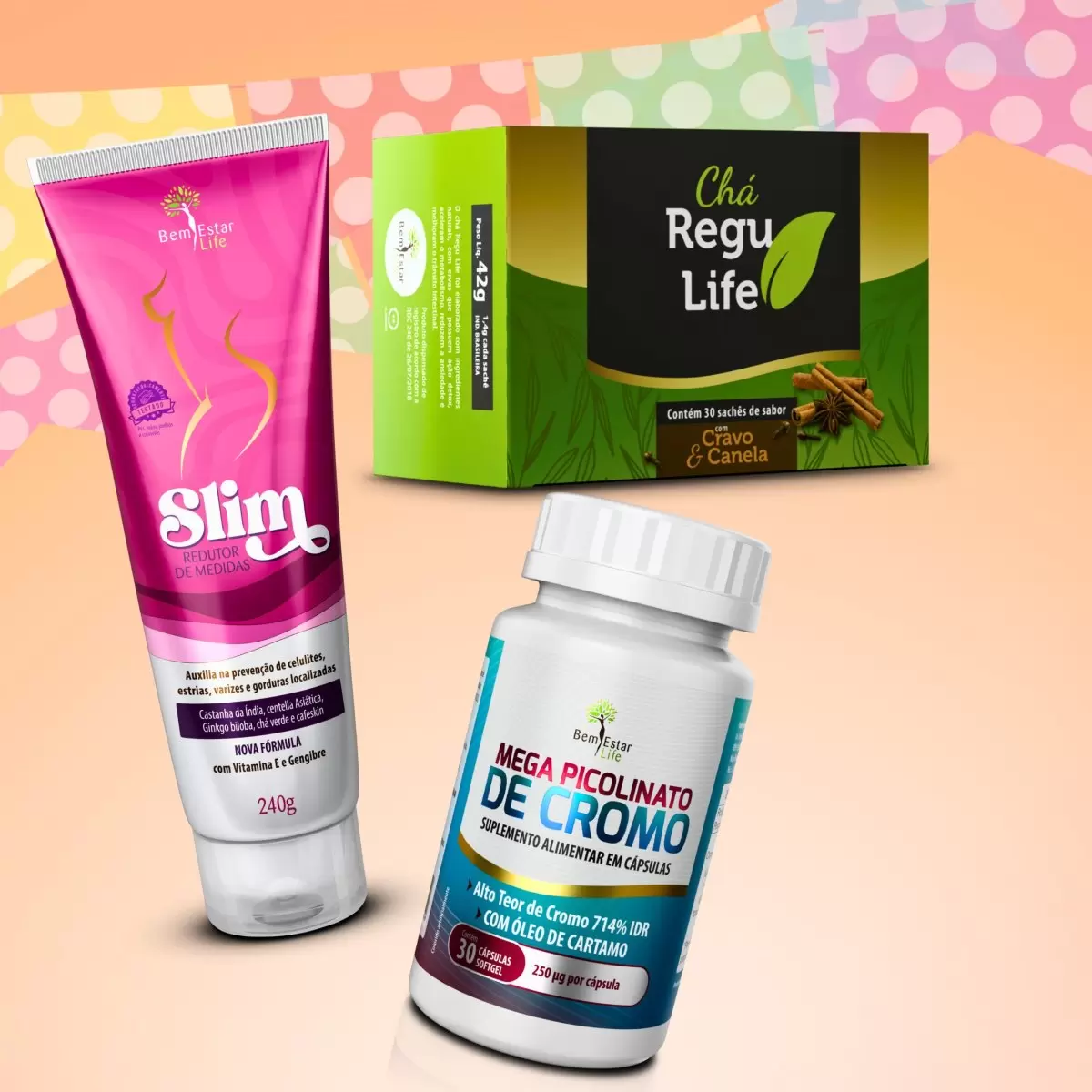 SLIM REDUTOR DE MEDIDAS 240 G + CHÁ REGU LIFE 30 SACHÊ CRAVO E CANELA - BRNDE MEGA PICOLINATO DE CROMO 30 CAPS.