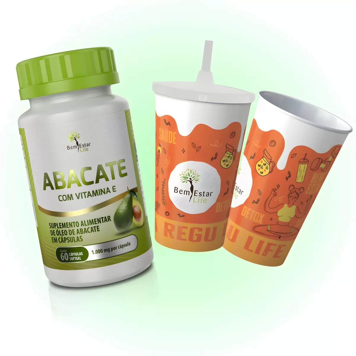 ABACATE COM VIT. E 60 CAPSULAS + COPO ECOLOGICO 550 ML LARANJA COM CANUDO