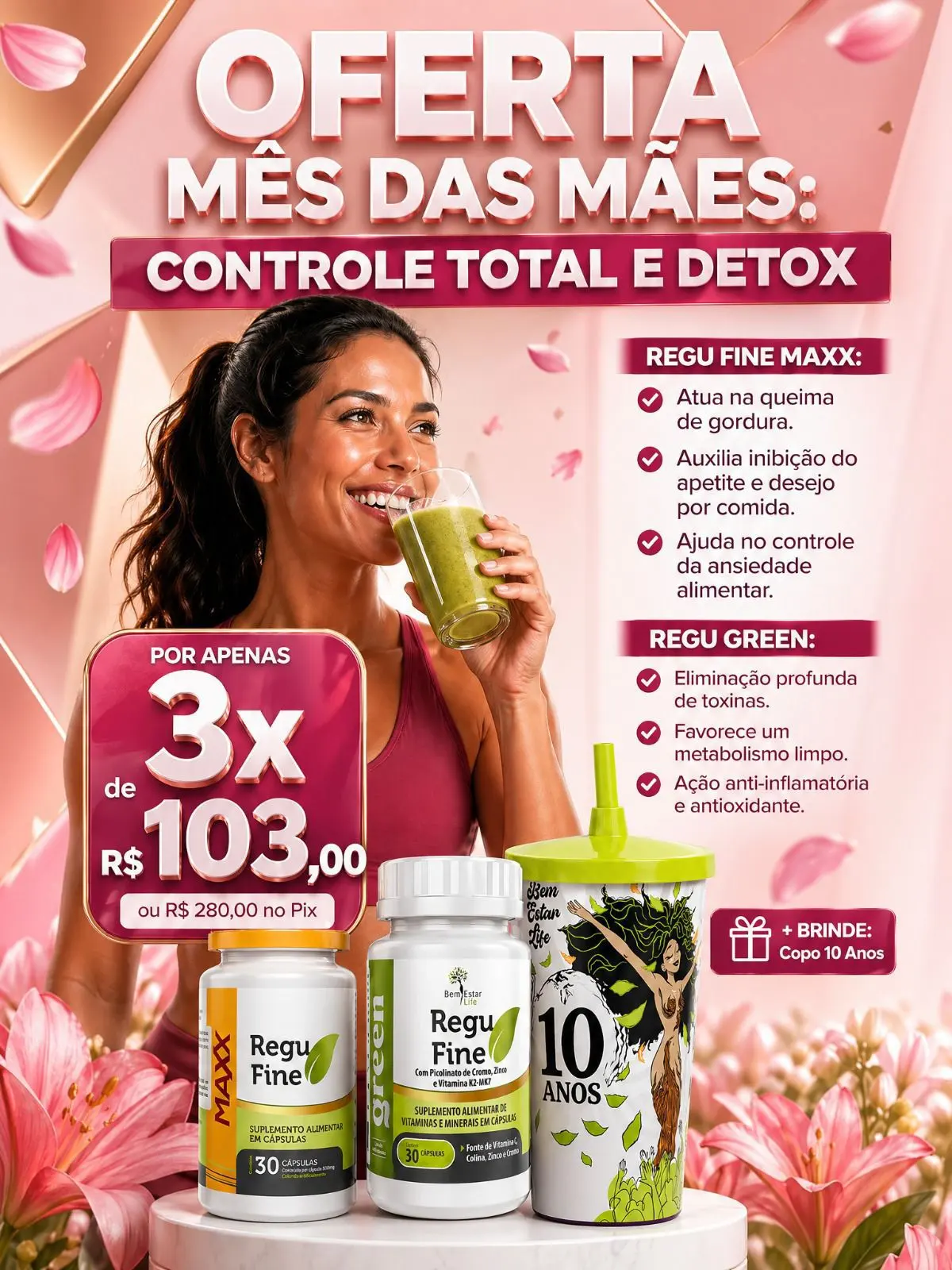 REGU FINE MAXX - ORIGINAL 30 CAPS + REGU FINE GREEN DETOX- BRINDE COPO
