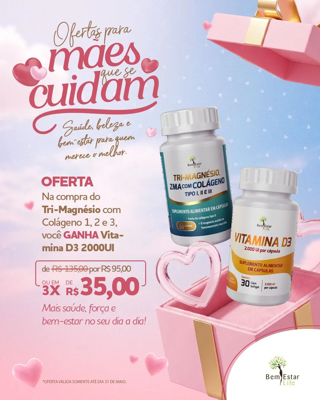 NA COMPRA TRI-MAGNESIO COM ZMA E COLAGENO 1,2 E 3 BRINDES: VITAMINA D3 2000UI 30 CAPS.