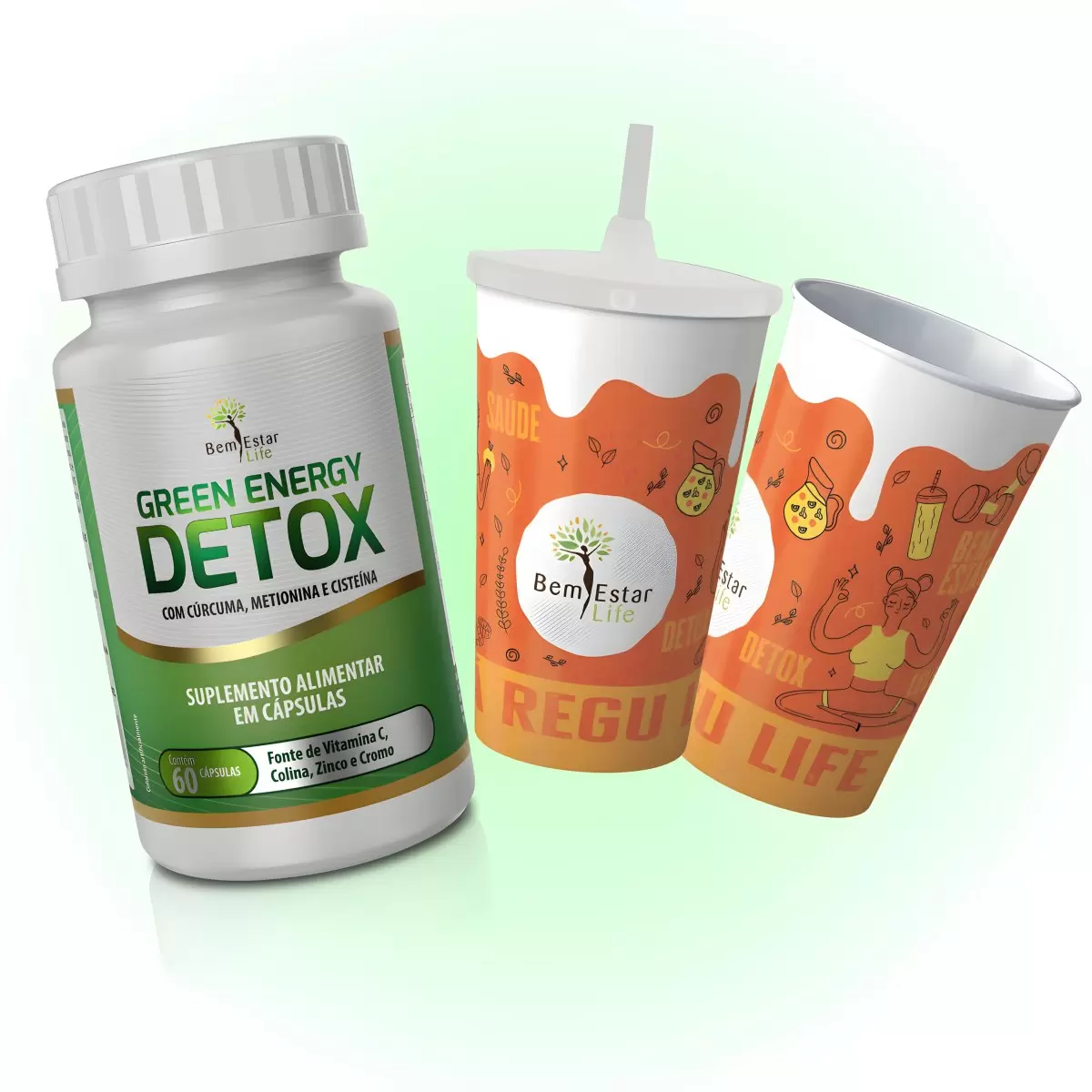 GREEN ENERGY DETOX 60 CAPSULAS + COPO ECOLOGICO 550 ML LARANJA COM CANUDO