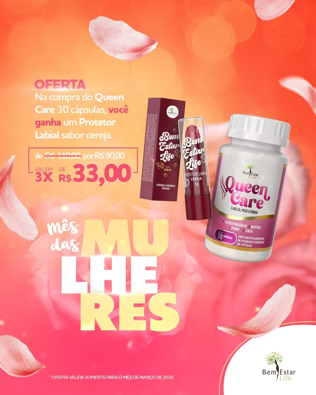 NA COMPRA DE QUEEN CARE (CABELO E UNHA) BRINDE: PROTETOR LABIAL SABOR CEREJA