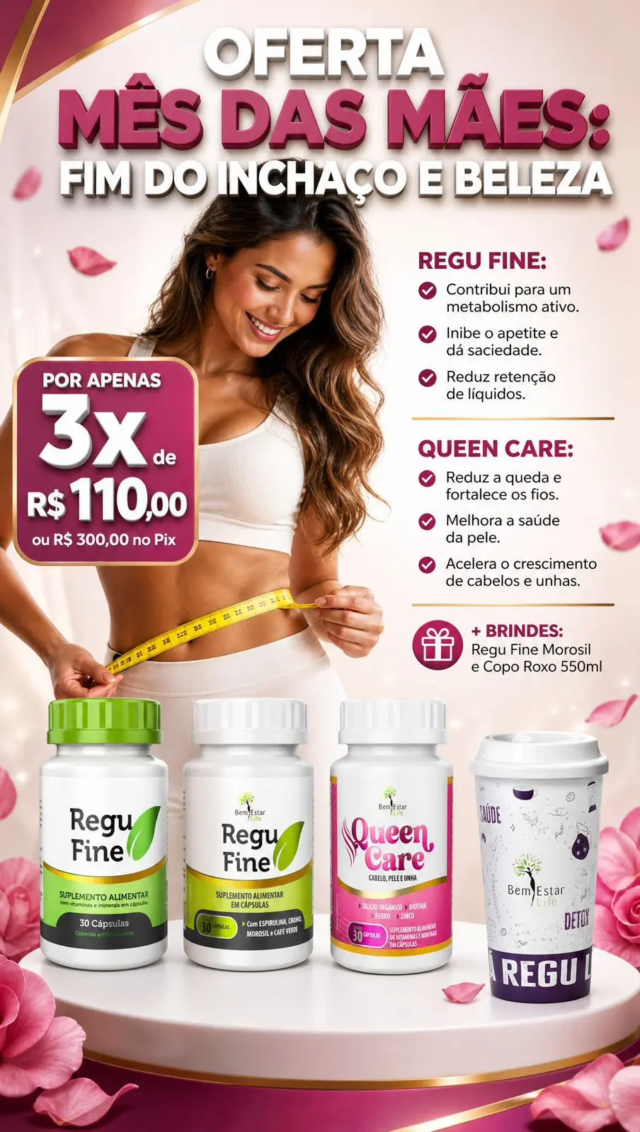 REGU FINE GROSELHA NEGRA- ORIGINAL 30 CAPS + REGU FINE MOROSIL + QUEEN CARE - BRINDE COPO 