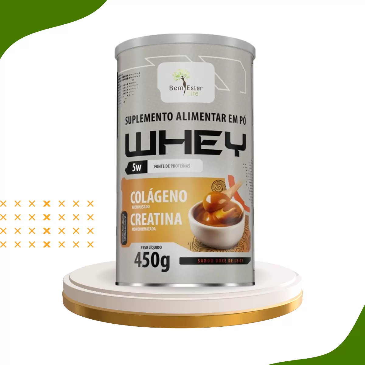 WHEY 5W 450G. Com Colágeno + Creatina, Sabor Doce de Leite