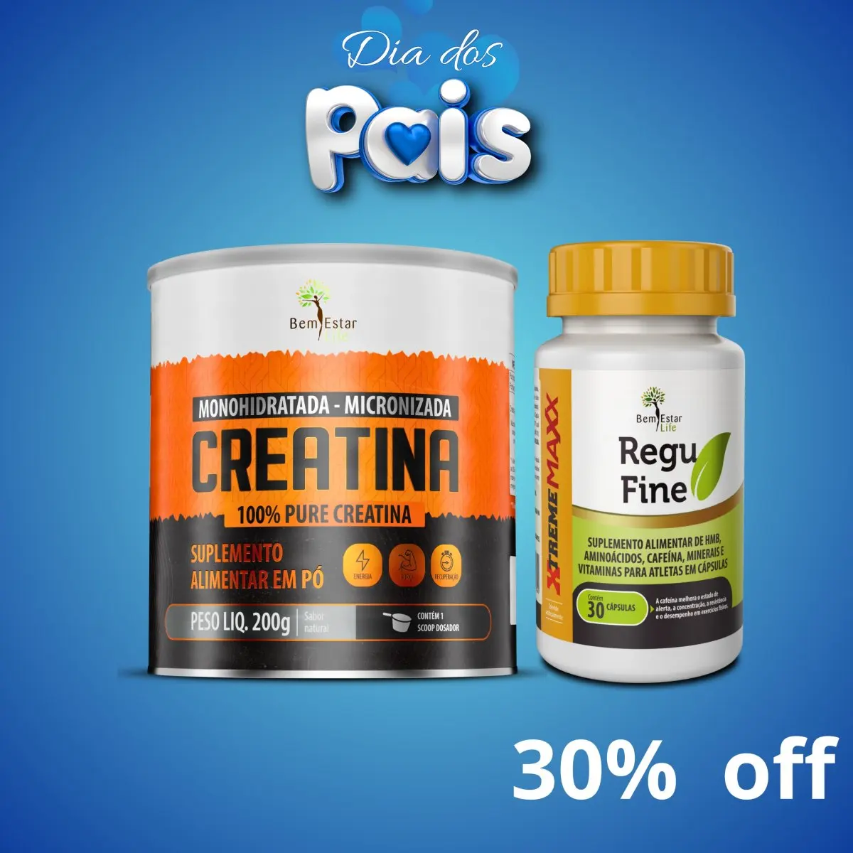 (PROMOÇÃO KIT 30% DESCONTO CREATINA MONOHIDRATADA MICRONIZADA + REGU FINE XTREME MAXX 30 CAPSULAS
