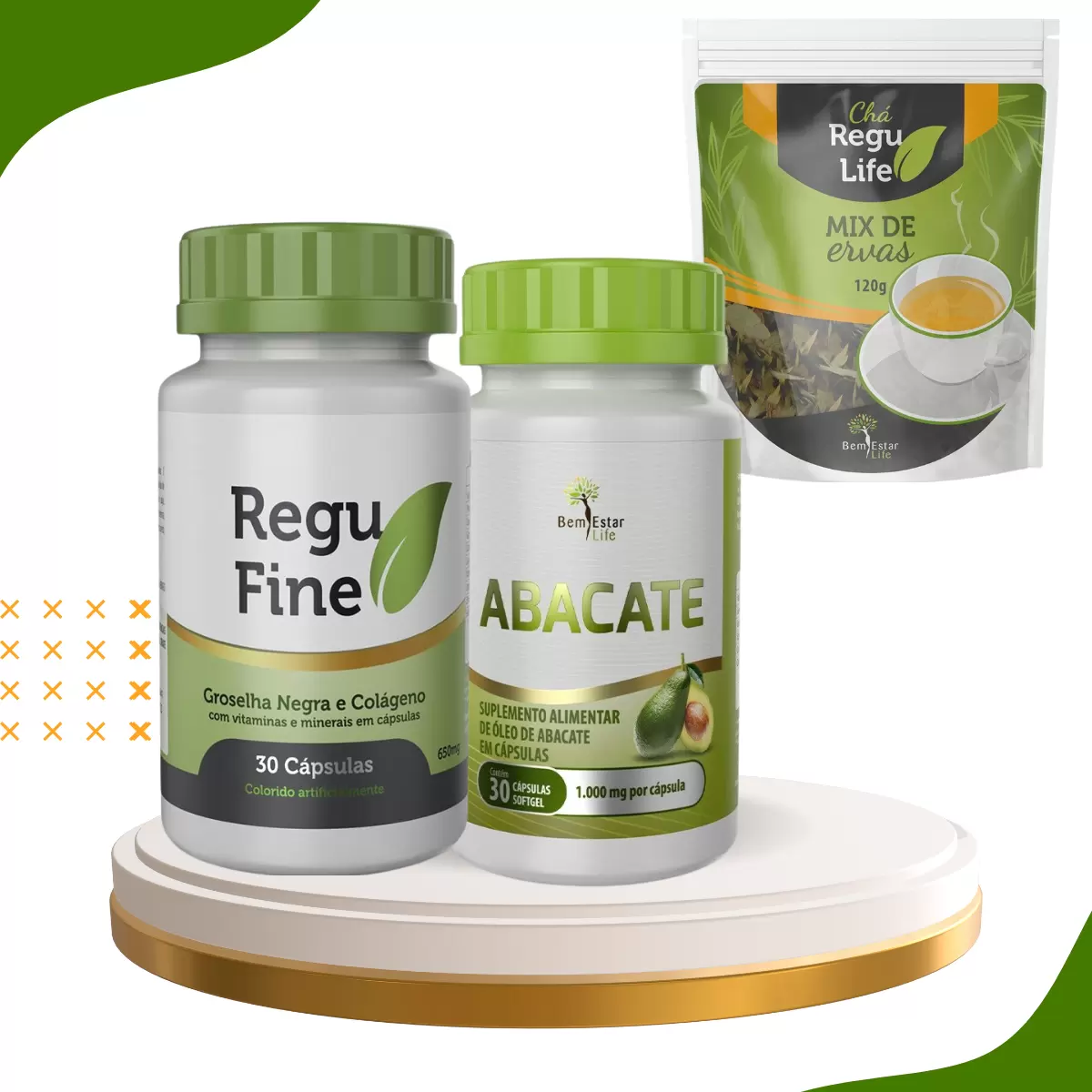 KIT INIBIDOR DE APETITE -01 REGU FINE ORIGINAL + 1 CHA REGU LIFE 120G + ABACATE 30 CAPS