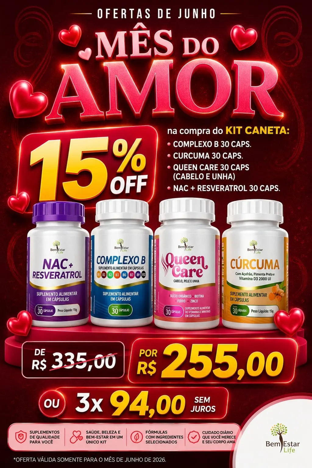 PROMOÇÃO KIT CANETA: COMPLEXO B 30 CAPS + CURCUMA 30 CAPS + QUEEN CARE 30 CAPS (CABELO E UNHA) + NAC + RESVERATROL 30 CAPS.