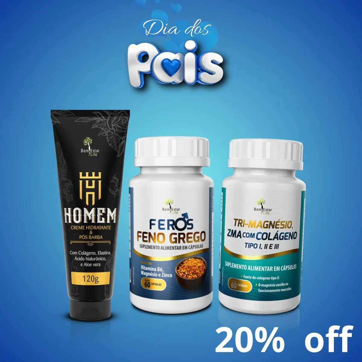 (PROMOÇÃO KIT 20% DESCONTO FENO GREGO FEROS 60 CAPS. + TRIMAGNESIO COM ZMA 60 CAPS + CREME FACIAL POS BARBA 120 GR.