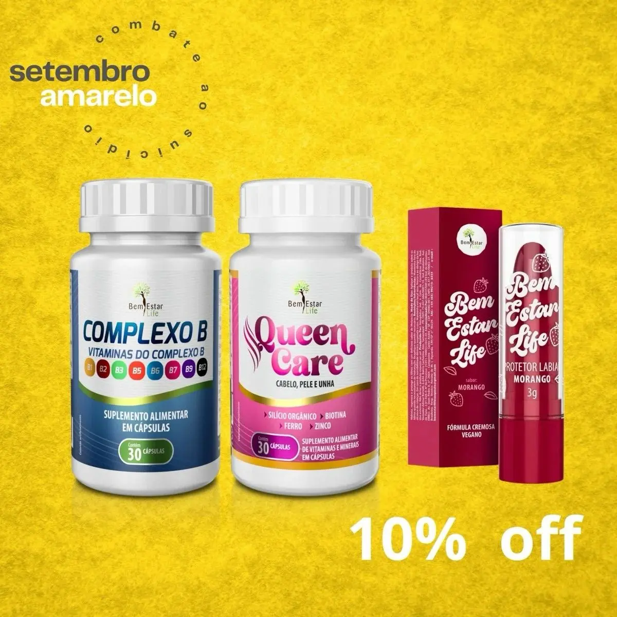 PROMOÇÃO KIT 10% DESCONTO QUEEN CARE Cabelos Unhas 30 CAPS. + COMPLEXO B - 30 CAPSULAS + PRESENTE PROTETOR LABIAL MORANGO